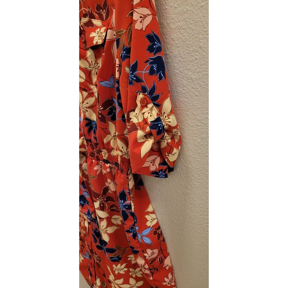 Millenium large women's red yellow blue floral Dress. Elastic Waist belt. Collar - Picture 6 of 7